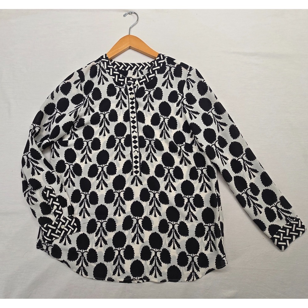 Talbots Blouse Women MP Black White Leaf Print Chiffon Banded Collar Tunic Top